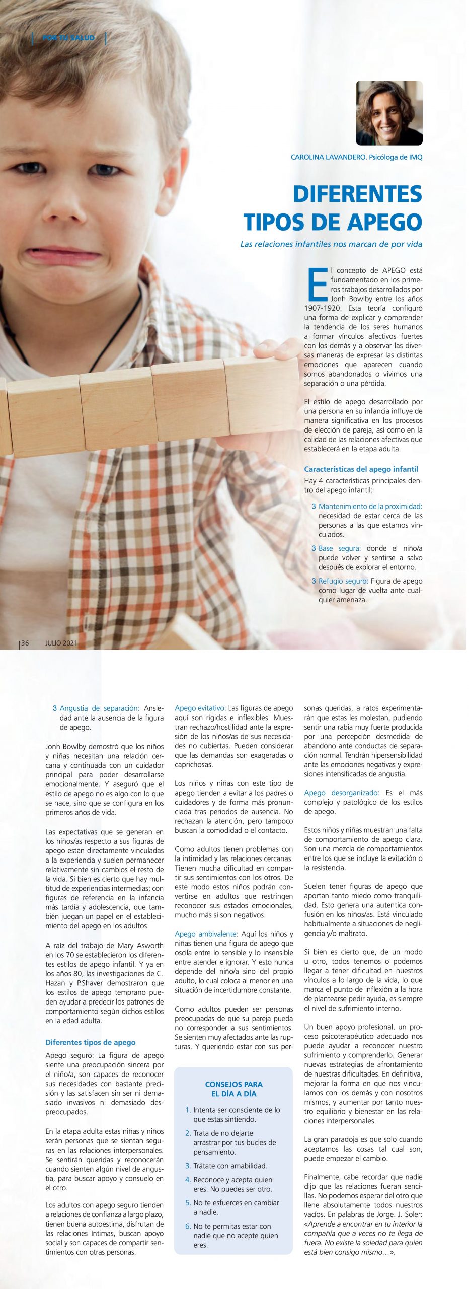 Artículo publicado en la Revista IMQ, «Vivir Sano»: Diferentes tipos de apego